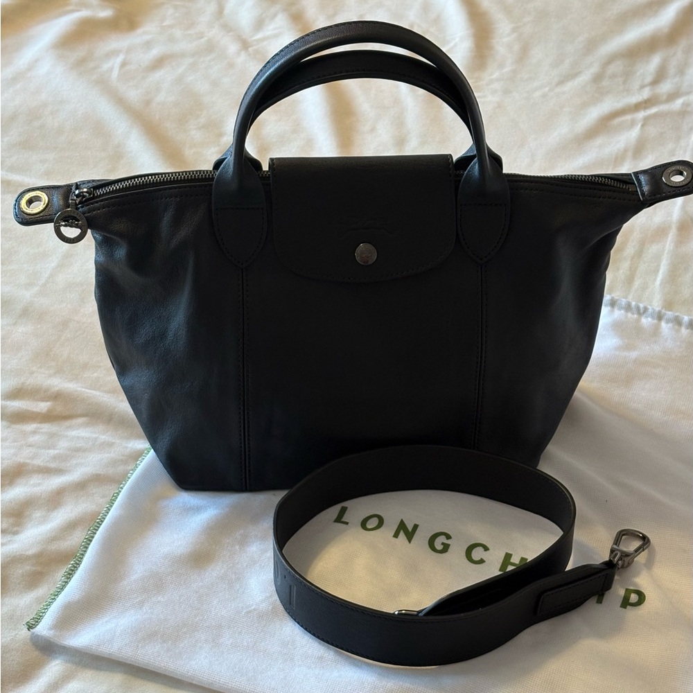 Longchamp Black Leather Le Pliage small Cuir Satchel with Removable Strap